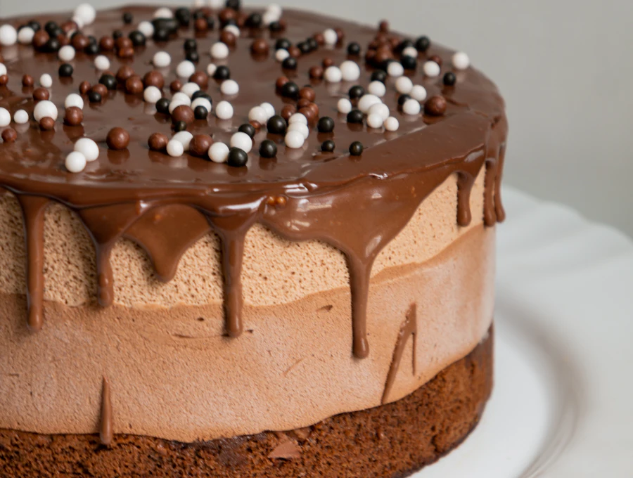 Layered chocolate mousse entremet with glossy dark glaze